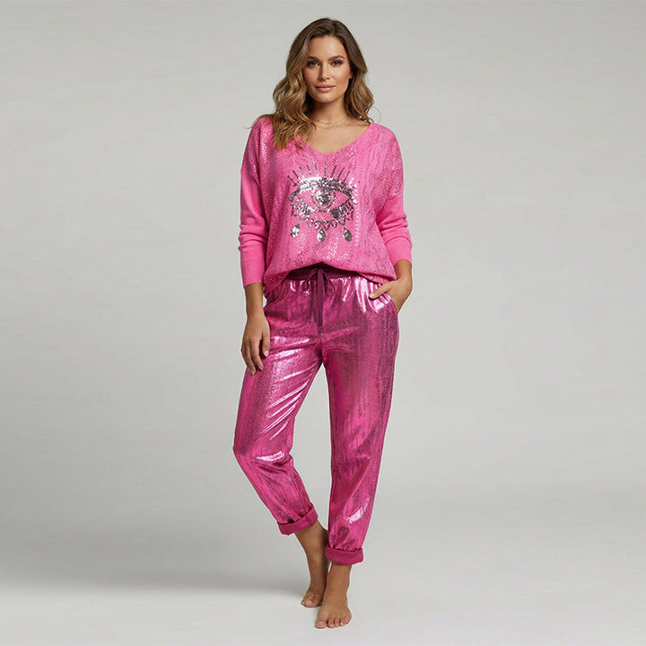 Set consisting of a top with gold foil ‘Devil's Eye’ and sequinned trousers