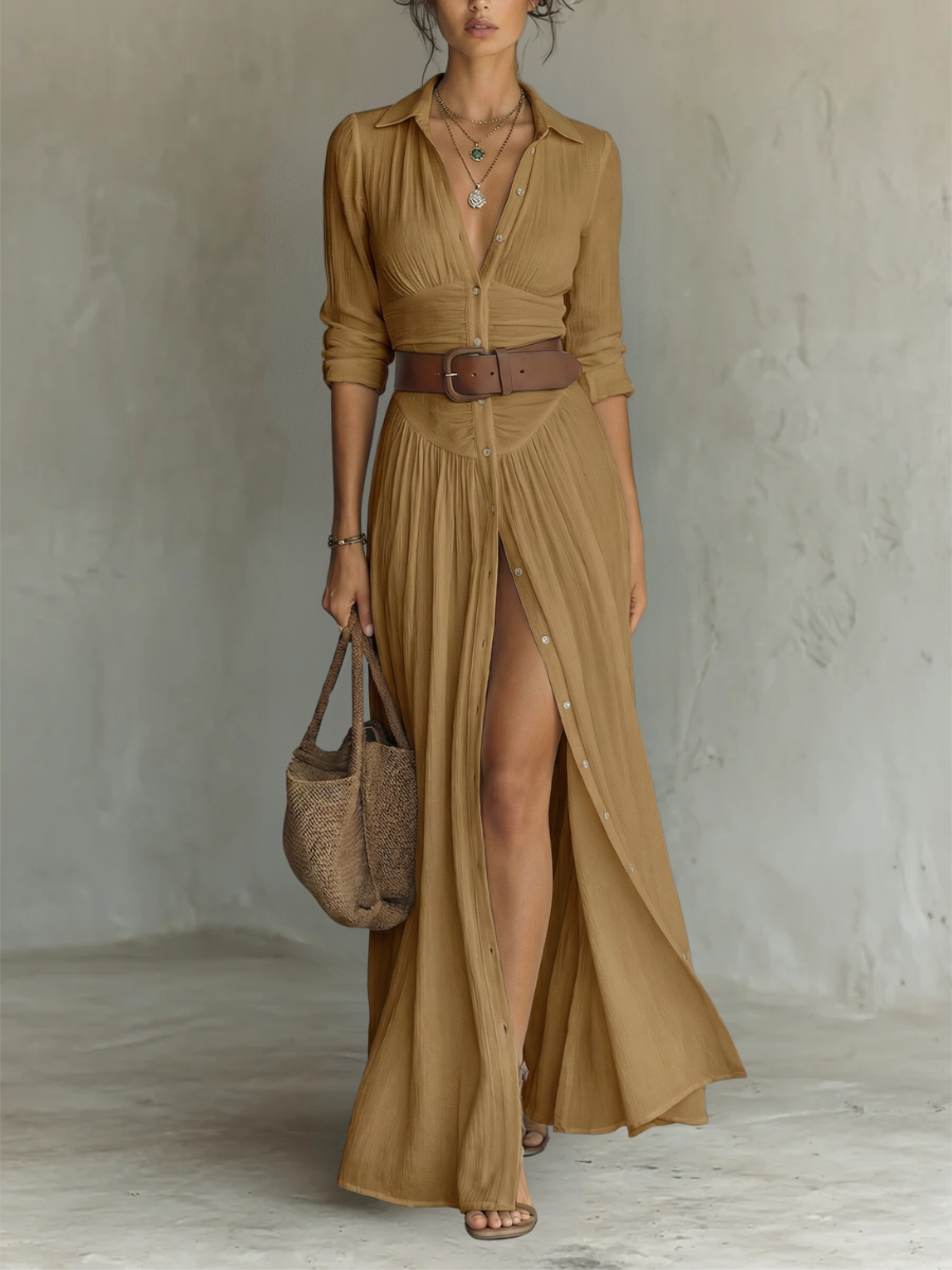 Long Maxi Dress with Long Sleeves, Turn-Down Collar and Pleats for Women in Linen
