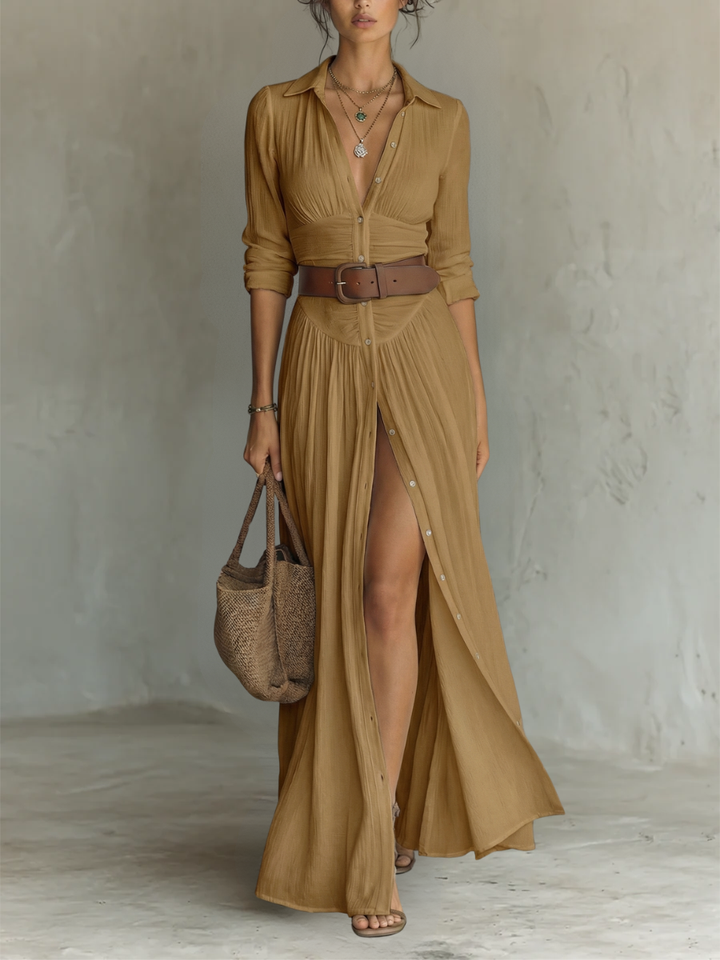 Long Maxi Dress with Long Sleeves, Turn-Down Collar and Pleats for Women in Linen