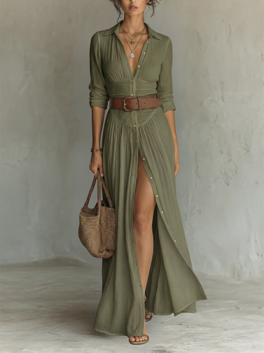 Long Maxi Dress with Long Sleeves, Turn-Down Collar and Pleats for Women in Linen