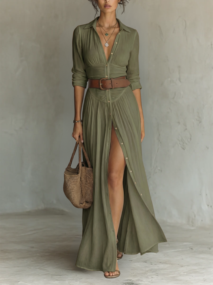 Long Maxi Dress with Long Sleeves, Turn-Down Collar and Pleats for Women in Linen