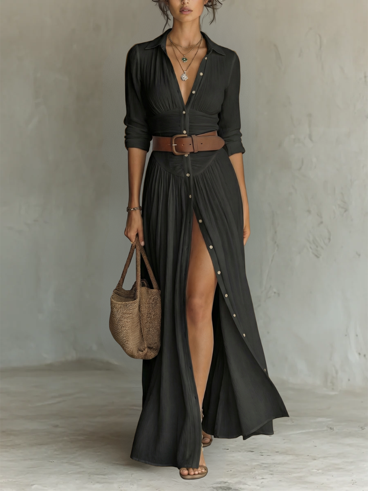 Long Maxi Dress with Long Sleeves, Turn-Down Collar and Pleats for Women in Linen