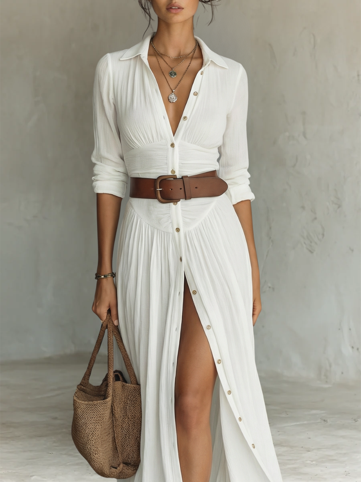 Long Maxi Dress with Long Sleeves, Turn-Down Collar and Pleats for Women in Linen