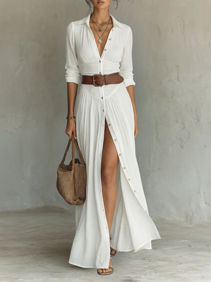 Long Maxi Dress with Long Sleeves, Turn-Down Collar and Pleats for Women in Linen