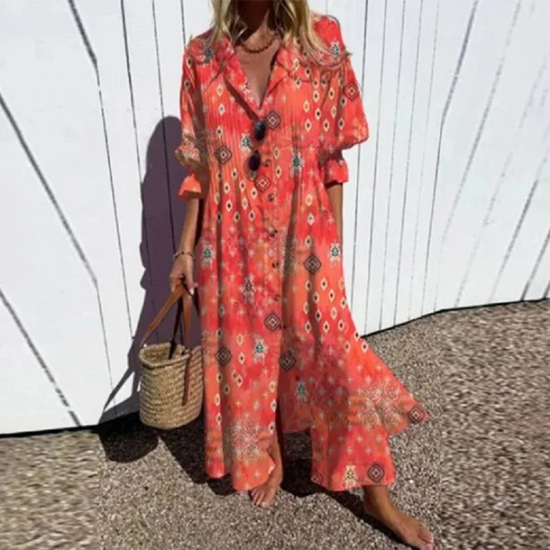 Merita - Boho Maxi Dress With V Neck For Women