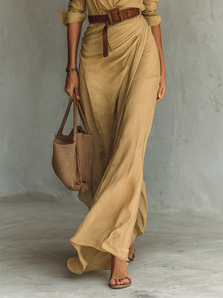 Lindsey - Long Maxi Dress with Notched Collar and Included Belt